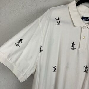 Men’s White Cotton Polo Navy Blue Hula Girl Pattern Short Sleeve Shirt Sz XXL